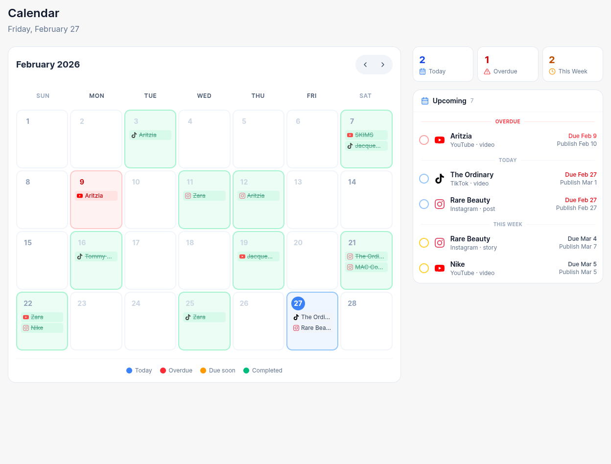 CollabCord desktop calendar showing deal deliverables by day and urgency