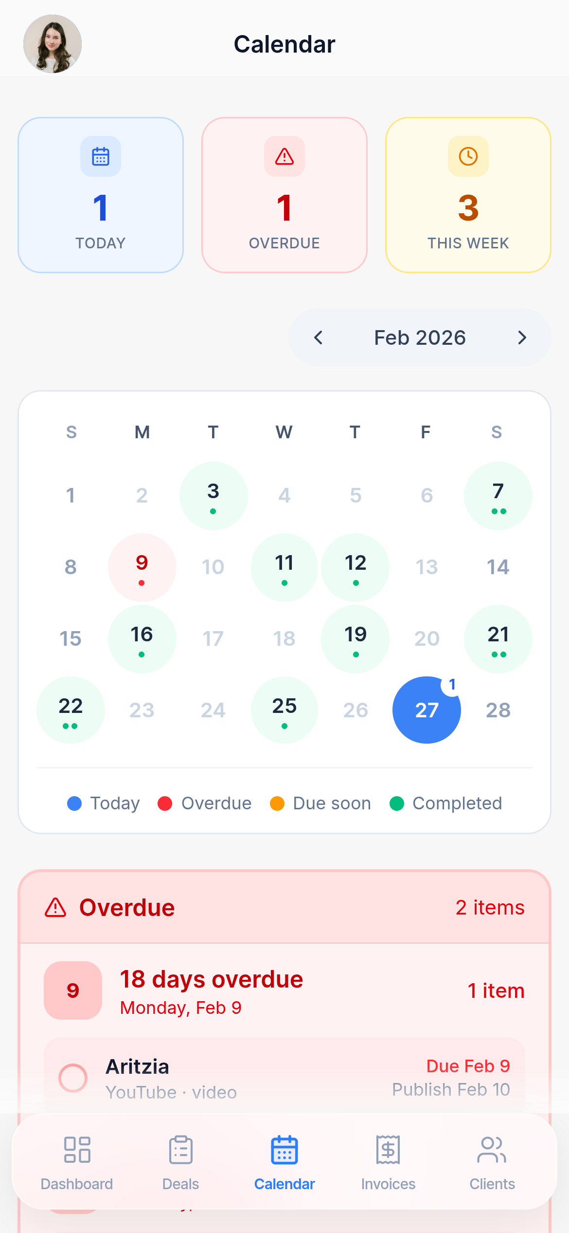 CollabCord mobile calendar with upcoming and overdue deliverables